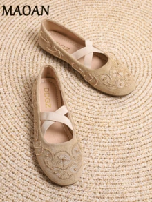 Women's Mary Jane Ballet Flats, Round Toe Cross Elastic Strap, Floral Embroidery Beaded Bohemian Style, Comfortable Slip-On, Daily & Vacation Wear - Khaki - View 1