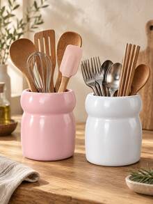 1pc Large Wide Mouth Utensil Holder, Waisted Design, 4 Colors Optional, Kitchen Counter Cooking Tool Flatware Storage Crock, Minimalist Wabi Sabi Home Decor, Housewarming Gift - Multicolor - View 5