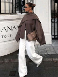 Women's Casual Oversized Poncho Style Knit Cardigan, Daily Wear - Coffee Brown - View 3