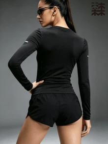 mulinsen Women's Long Sleeve Sports Top, Striped Moisture-Wicking Slim Fit, Outdoor Fitness Training - Black - View 3