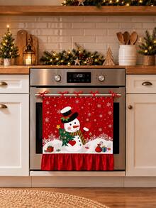 1pc Snowman & Snowflake Print Oven Curtain, With Ribbon Tie Top And Red Ruffle Edge, Short Kitchen Tier Curtain, Decorative Cover Cloth, Suitable For Stove, Oven, Open Cabinet And Small Window, Christmas Country Style Home Decor - Snowman and Snowflake - View 3