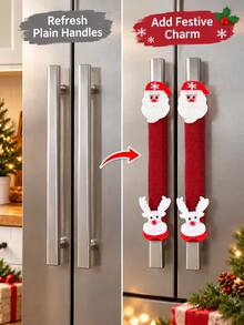 2pcs Christmas Refrigerator Door Handle Covers, Santa Claus & Reindeer Decorative Handle Protectors, Red Linen Kitchen Oven Microwave Fridge Handle Decorative Caps, Winter Holiday Home Decor - Multicolor - View 6
