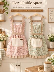 Celemek Motif Bunga Klasik, Celemek Tanpa Lengan Bergaya Gaun dari Kain Poliester dengan Hiasan Rumbai, Dekorasi Renda, dan Saku Depan Besar, Tali Belakang yang Dapat Diatur, Cocok untuk Memasak, Memanggang, Membersihkan Rumah, dan Penggunaan Rumah Tangga Sehari-hari - Berbagai gaya - View 2