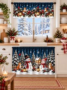 2pcs Blue Christmas Kitchen Curtain Set, Snowman Fox Cardinal Snowflake Winter Forest Print, Window Valance & Cabinet Curtain, Festive Kitchen Decor, Holiday Home Decor, Christmas Decorations For Home - Multicolor - View 2