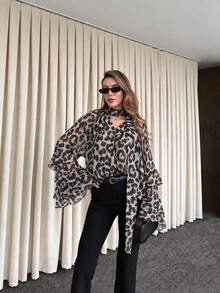 Women's Leopard Print Semi-Sheer Blouse, Long Sleeve Elegant Top With Ruffle Details And Delicate Tie Design, Suitable For Autumn Commute Or Casual Wear - Multicolor - View 2