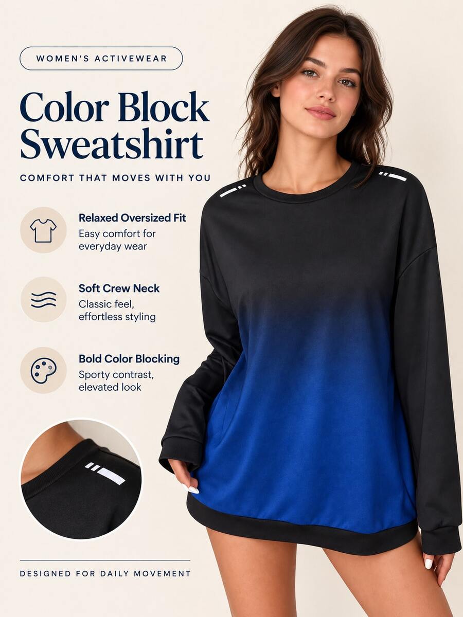 Women's Gradient Long Sleeve Athletic Sweatshirt, Crew Neck Ribbed Cuff Training Top For Fitness And Daily Casual Wear - Black - View 1