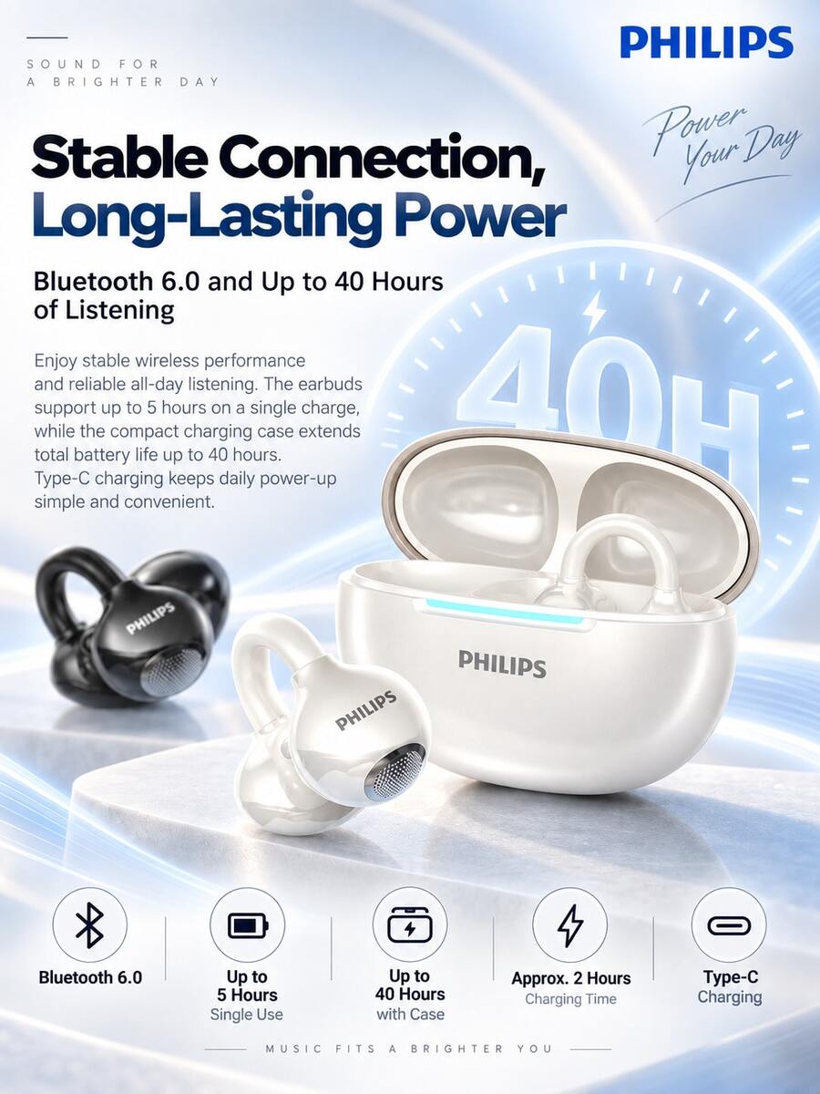 PHILIPS TAQ2320 Earphone Bluetooth TWS Desain Terbuka, Peredam Kebisingan Panggilan AI, Tahan Air dan Debu, Earphone Jepit untuk Olahraga dan Perjalanan - View 1