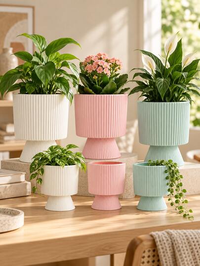 1Pc Minimalist Ridged Plastic Plant Pot, Pedestal Design Indoor Planter, Large Flower Pot For Orchid, Succulent, Chlorophytum, Money Tree, Home Desktop & Windowsill Greenery Decor Container