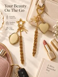1pc Metal Woven Lipstick Mesh Pouch Keychain Heart & Star Shaped With Foldable Makeup Mirror Lip Gloss Storage Bag Pendant Portable Touch-Up Accessory Autumn Outfit Essential - Multicolor - View 2