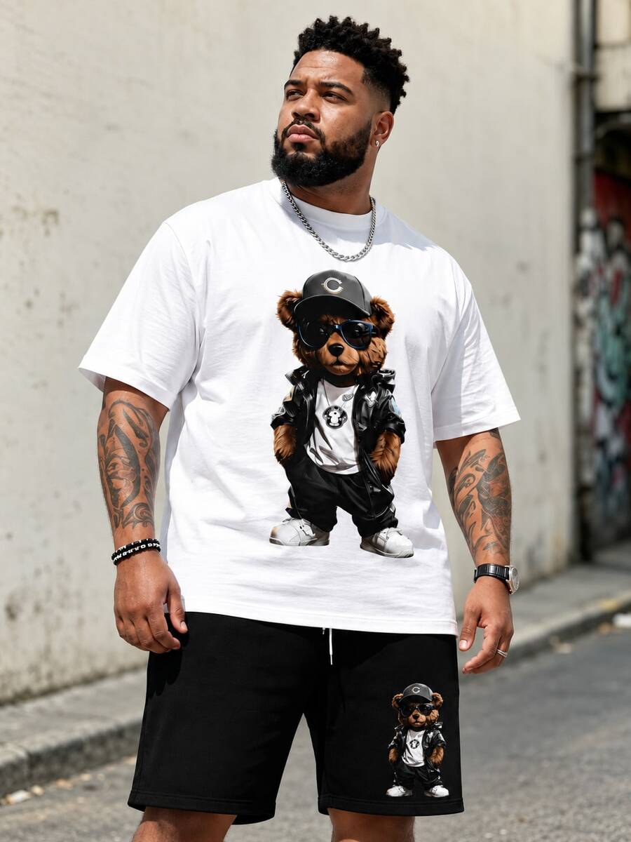 Men's Streetwear Casual Series " Leather Bear" Pattern Design Tracksuit - Polyester Knit Fabric, Round Neck Design, Drawstring Shorts, Pocket Details, Regular Fit, Suitable For Plus Size - Multicolor - View 1