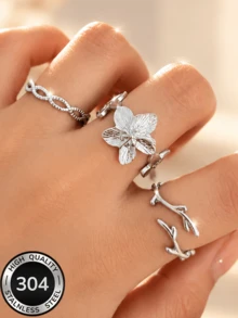 2026 Silver New 304 Stainless Steel Women's Floral Luxury Thorn-Shaped Open Ring Set, Daily Commute Fashion Accessory - Silver - View 2