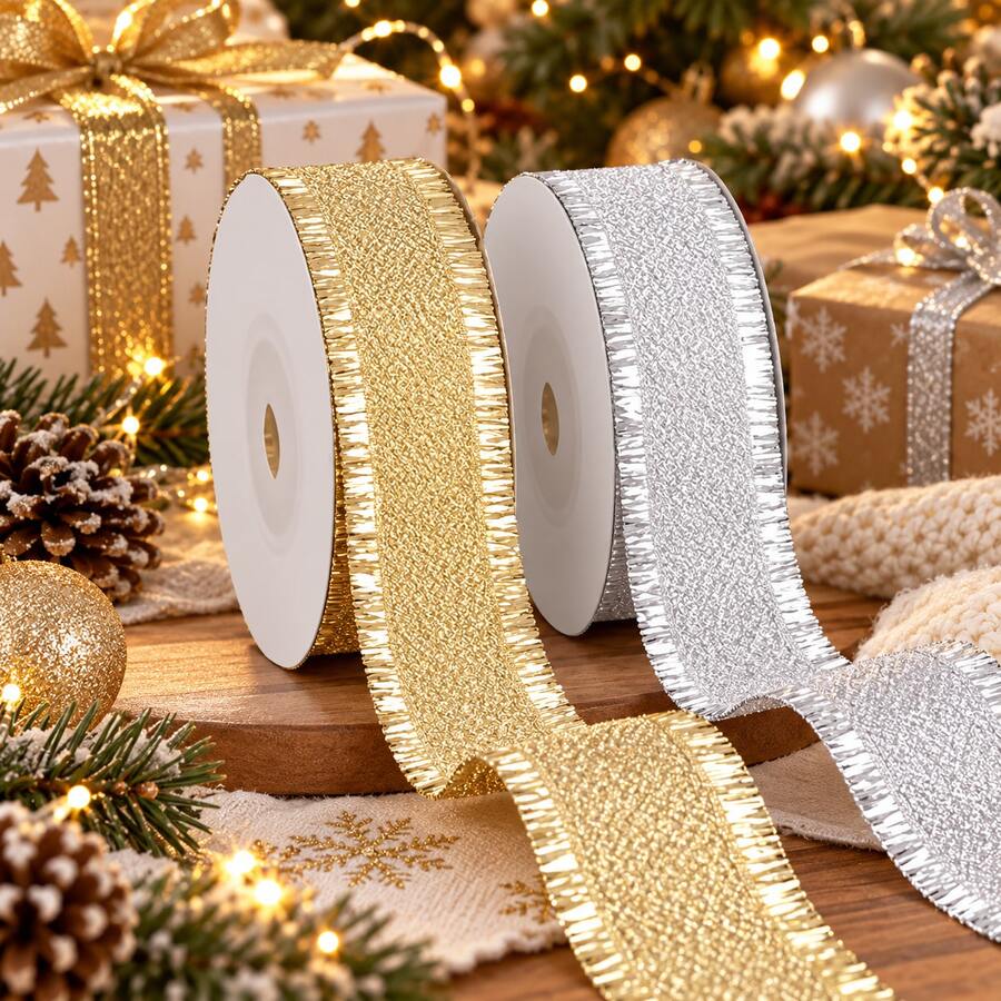 2 Yard Gold & Silver Metallic Tassel Satin Ribbon, Pleated Texture Christmas Trim, Handmade Bow Material, Gift Box Wrapping, Floral Decoration, Christmas Tree Ornament, Holiday Scene Decor, Glamorous & Shiny, Winter Holiday DIY Packaging Accessory - Multicolor - View 1