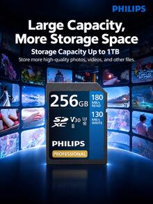 PHILIPS 64GB/128GB/256GB 4K High-Speed Blue Card V30 SD Memory Card U3 C10 Camera Storage Card Read Speed 180MB/S Write Speed 130MB/S DSLR Mirrorless Camera High-Speed Storage Card - View 4
