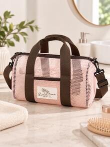 1pc Pink Mesh Toiletry Bag With Handle And Shoulder Strap, Portable Travel Toiletry Bag, Large Capacity Cosmetic And Bathroom Storage Bag, Suitable For Cosmetics, Skincare, Bath Products, Gym, Dorm, Vacation And Daily Storage - Multicolor - View 7