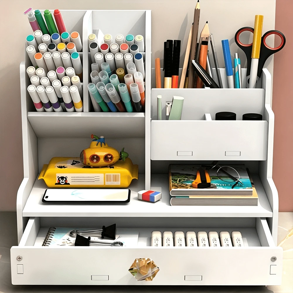 1pc Multifunctional Desktop Storage Box DIY Pen Holder, Stationery Organizer, Large Capacity, Pen Box With Drawer, Suitable For Home, Office And School, Suitable For Students, Plastic Design, Assembly Required, Suitable For Graduation Gift