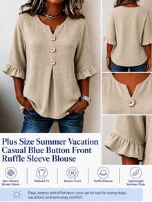 Plus Size Women Autumn Vacation Button Front Blouse Ruffle Sleeve Loose Fit Casual Non-Stretch Summer Tops - Khaki - View 3