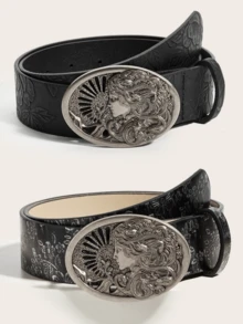 1pc Unisex Vintage Western Cowboy Style Animal Buckle Embossed PU Leather Belt, Fashionable Versatile For Jeans And Long Skirts, Suitable For All Seasons - Multicolor - View 1
