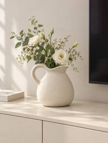 1pc Cream White Ceramic Water Pitcher Vase, Rough Textured Pottery Flower Pot With Handle And Wavy Spout, Rustic Modern Home Decor, Suitable For Living Room, Entryway, Shelf, Mantel, Coffee Table, Dining Table Centerpiece, Housewarming Gift - Short and Stout Water Bottle Vase - View 3