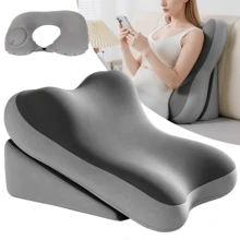 Reading Pillow For Bed Back Rest Lumbar With Support Arm Seat Cushion Lounger, Includes An Inflatable Neck Pillow - Grey - View 2