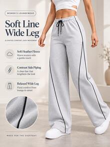 Women's Relaxed Fit Wide Leg Pants With Elastic Drawstring Waist And Contrast Side Trim Casual Lounge Trousers - Grey - View 2