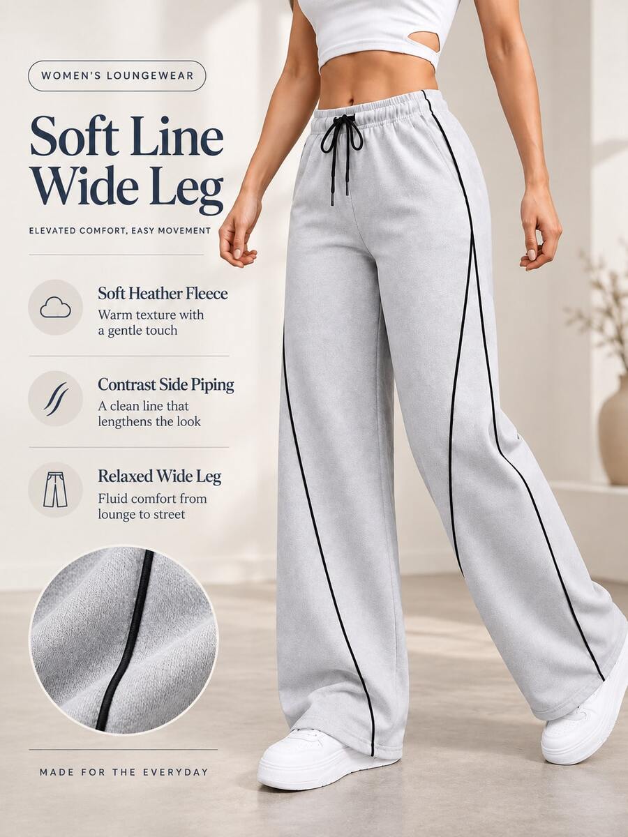 Women's Relaxed Fit Wide Leg Pants With Elastic Drawstring Waist And Contrast Side Trim Casual Lounge Trousers - Grey - View 1