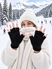 Women's Winter Fingerless Gloves, Thick Warm Knitted Hand Warmers, Ribbed Cuffs, Fingerless Design Convenient For Phone Use, Black And White Color, Suitable For Commuting, Driving, Travel, Outdoor Daily Wear, Christmas And New Year Gift - Multicolor - View 14