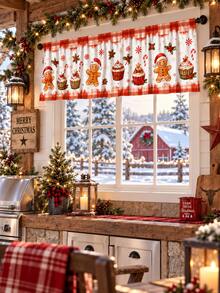 1pc-Christmas Kitchen Curtains Set, Gingerbread Man Cupcake Snowflake Printed Window Valance And Sink Curtain, Plaid Trim Tier Curtains For Kitchen Window, Xmas Farmhouse Decor - Multicolor - View 11