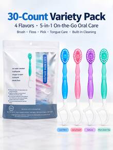 30pcs 5-In-1 Mini Toothbrush - Disposable Toothbrush With Toothpaste + Floss + Toothpick + Tongue Scraper, Waterless Disposable Toothpaste Toothbrush, |Travel Size|Individually Wrapped|Soft|Travel Kit, 4 Flavors Oral Care Set - 30 Pcs - View 10