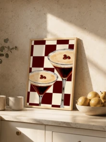 1pc Espresso Martini Cocktail Wall Art Poster, Burgundy Checkered Background Drink Print, Retro Bar Cart Unframed Canvas Painting, Fun Kitchen Dining Room Home Wall Decor For Pub Cafe Apartment - Abstract Style a - View 1