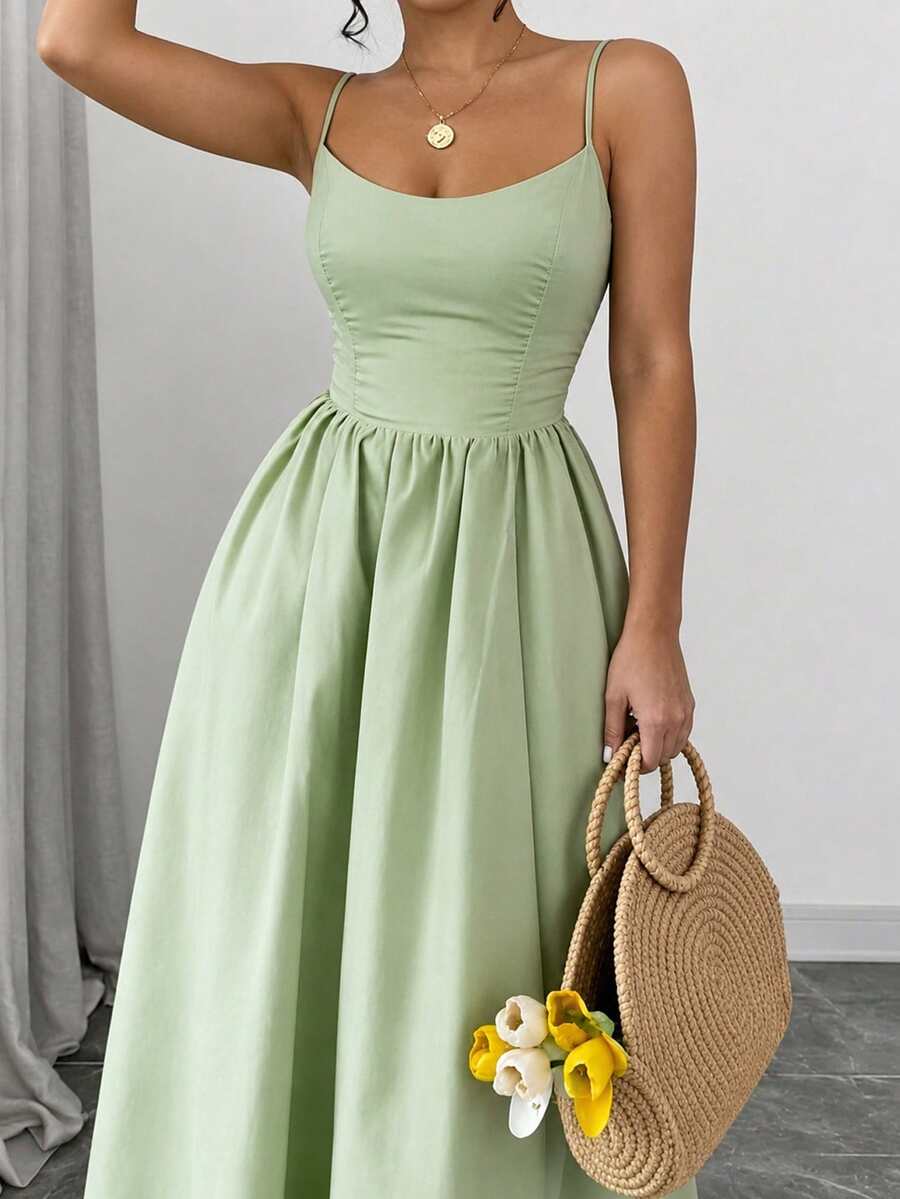 New Spring/Summer Fashion Minimalist Elegant Daily & Vacation Style Adjustable Strap Dress, Regular Sizes For Women - Green - View 1