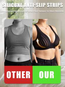 Plus Size Sexy Semi-Sheer Deep V Backless Bra, Striped Comfortable Wireless Front Closure Bra, Casual Wear Camisole Spaghetti Strap Tube Top - Black - View 6