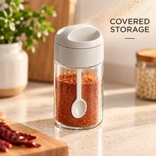 1–2pcs Gray Glass Seasoning Jars With Built-In Small Spoon And Dust-Proof Lid, Transparent Kitchen Spice Storage Containers For Salt, Sugar, Spices, Pepper And Seasoning Powder, Kitchen Countertop Organizer - Multicolor - View 10