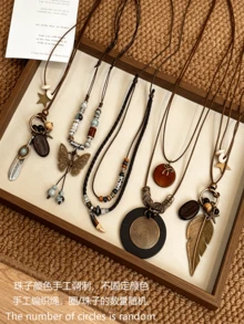 5pcs Bohemian Wood & Copper Pendant Leather Cord Necklace Set, Lightweight Vintage Versatile Jewelry - Assorted Colors - View 8
