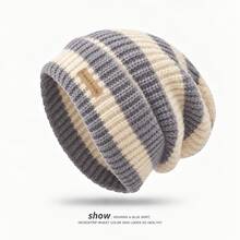 ML&ZA Women's Striped Knit Beanie, Handmade Label Decor Cuffed Winter Hat, Soft Thick Warm Knit Cap, Suitable For Daily Outdoor Cold Weather Wear - Multicolor - View 9