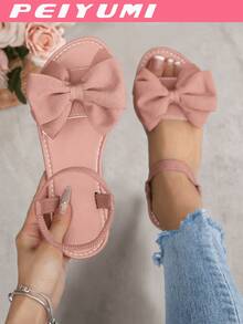 PEIYUMI Women's Sandals For Summer, Elegant Bow Decor, Comfortable Medium-Low Heel, Stretchy Elastic Design For Easy Wear, Suitable For Beach, Casual Gathering And More - Pink - View 2