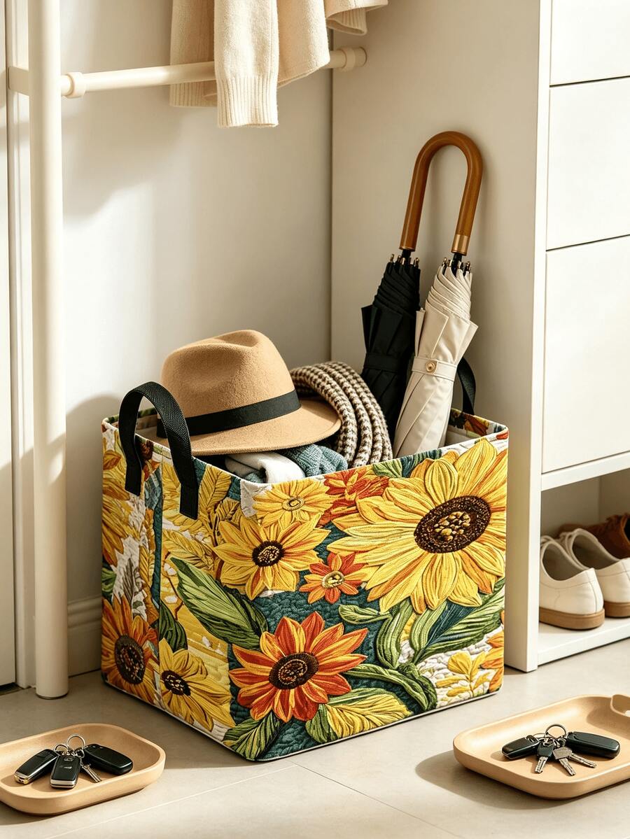 Multifunctional Storage Basket, Vacuum Storage Bags, Sunflower Print Storage Basket, Home Storage Essential, Clothing Organizer, Large Capacity Storage, Suitable For Home, Rental, Dorm, Practical Housewarming Gift, Portable Storage Bin, Home Organization Must-Have Storage Set - Multicolor - View 1