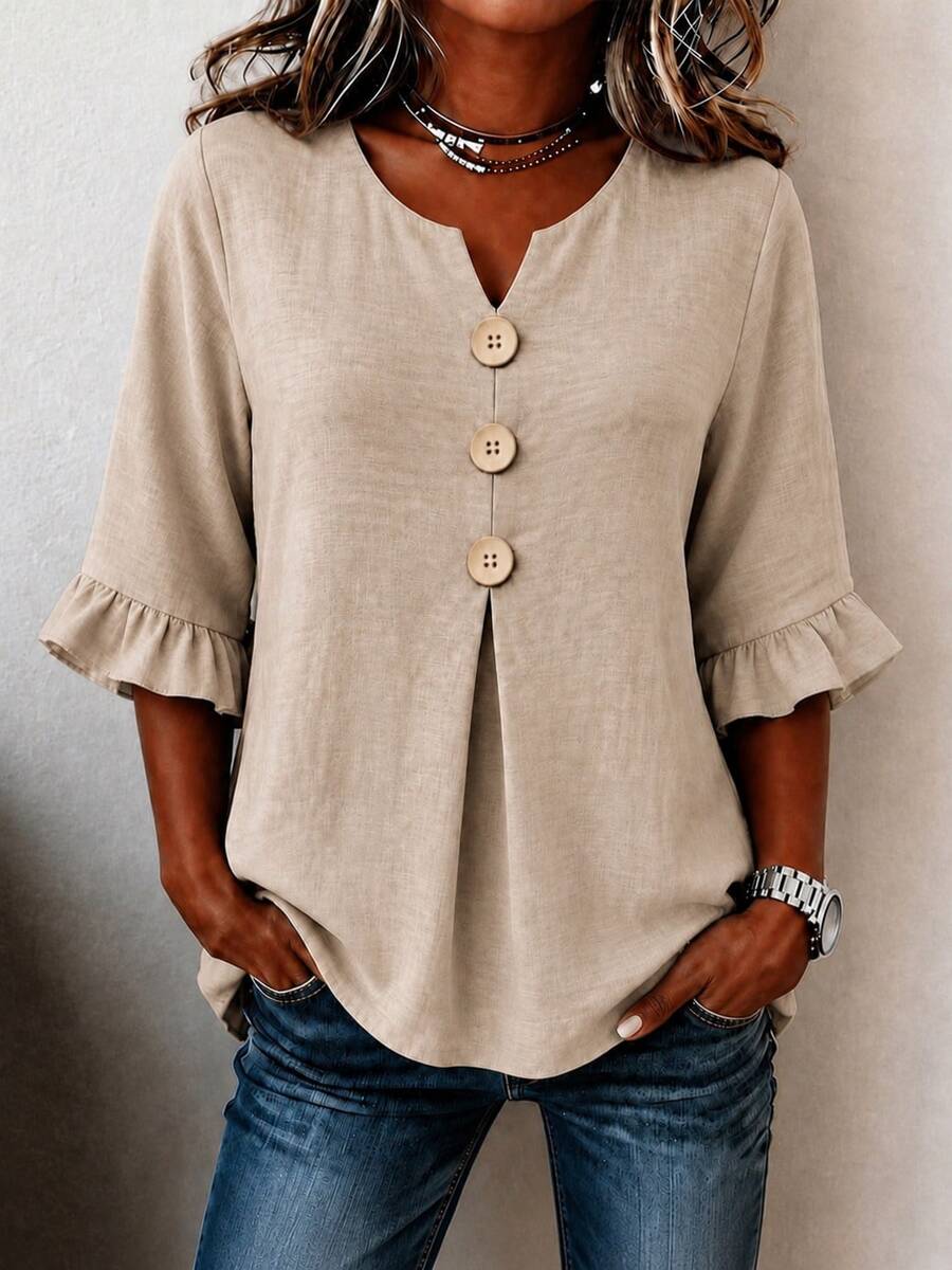 Plus Size Women Autumn Vacation Button Front Blouse Ruffle Sleeve Loose Fit Casual Non-Stretch Summer Tops - Khaki - View 1