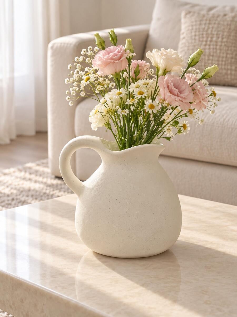 1pc Cream White Ceramic Water Pitcher Vase, Rough Textured Pottery Flower Pot With Handle And Wavy Spout, Rustic Modern Home Decor, Suitable For Living Room, Entryway, Shelf, Mantel, Coffee Table, Dining Table Centerpiece, Housewarming Gift - Short and Stout Water Bottle Vase - View 1