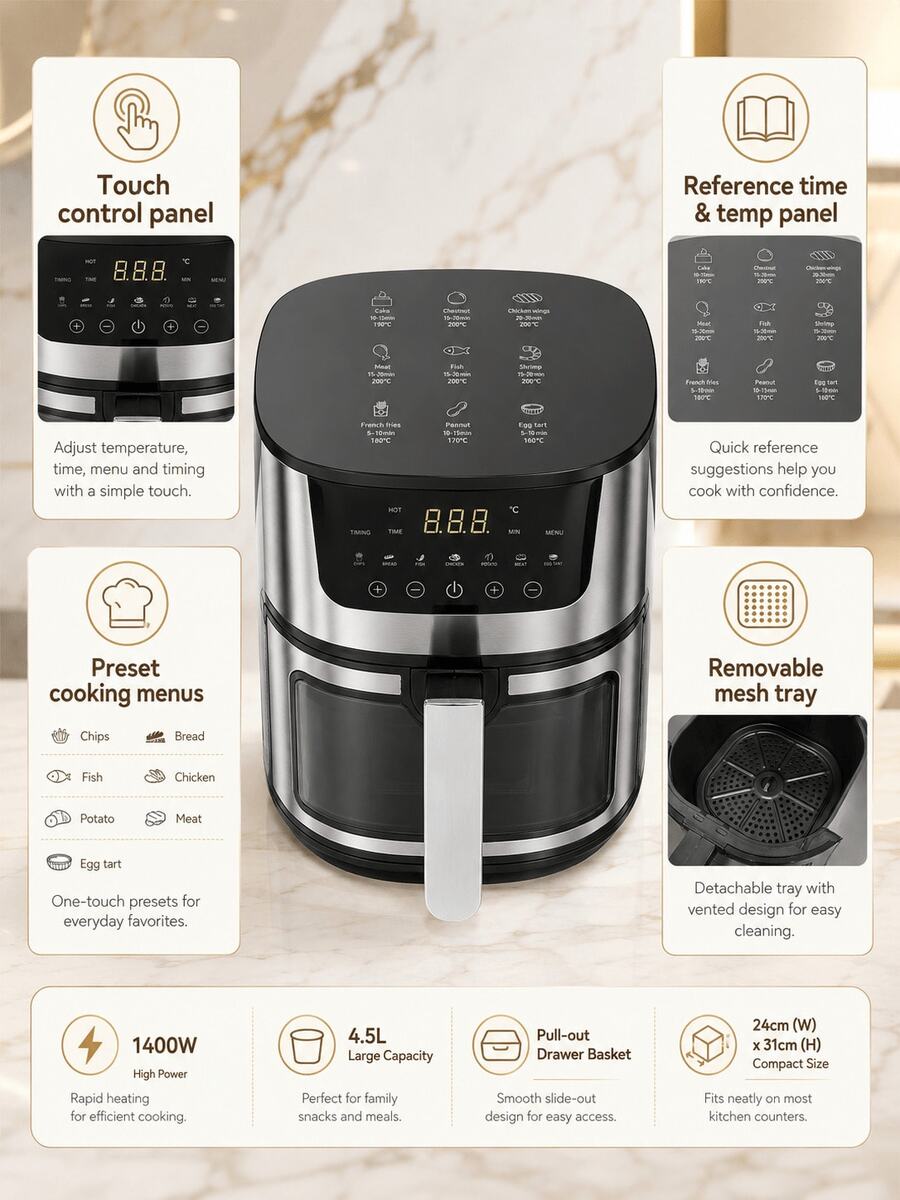 SMEGGEMS 4.5L 氣炸鍋,1400W 附可視窗,7 種烹飪預設,數位觸控操作,80-200°C 可調溫度與 1-60 分鐘定時 - 銀色 - 查看 1