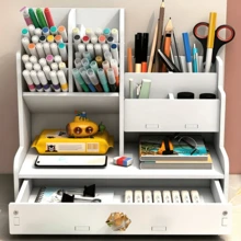 1pc Multifunctional Desktop Storage Box DIY Pen Holder, Stationery Organizer, Large Capacity, Pen Box With Drawer, Suitable For Home, Office And School, Suitable For Students, Plastic Design, Assembly Required, Suitable For Graduation Gift - White - View 10