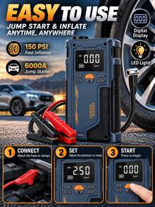 8000A Car Jump Starter With Air Compressor, Portable Tire Inflator With Digital Display, LED Light, 12V Vehicle Battery Booster For Car SUV Pickup Truck Motorcycle, Winter Must-Have, Gift For Man Woman - Wireless - View 5