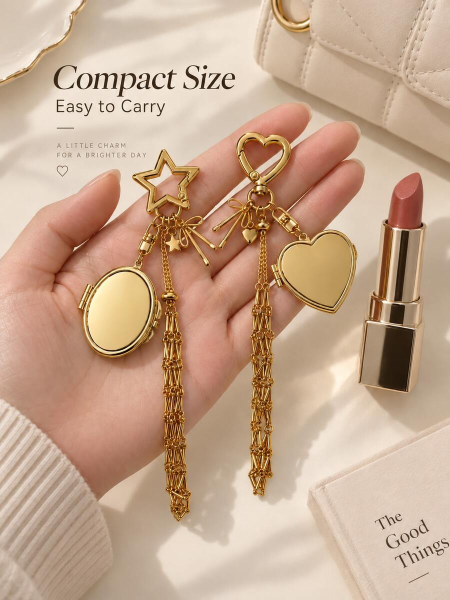 1pc Metal Woven Lipstick Mesh Pouch Keychain Heart & Star Shaped With Foldable Makeup Mirror Lip Gloss Storage Bag Pendant Portable Touch-Up Accessory Autumn Outfit Essential - Multicolor - View 1