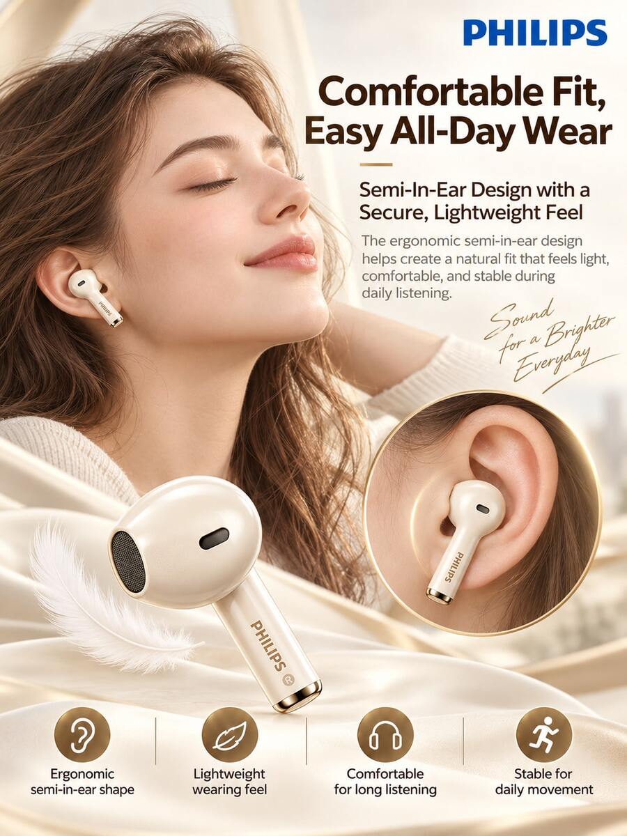 PHILIPS Earbud Bluetooth Nirkabel Sejati TAT1420: Peredam Kebisingan Panggilan AI, Desain Semi-In-Ear yang Ringan, Sempurna untuk Perjalanan, Olahraga, dan Mendengarkan Musik Sehari-hari. - View 1