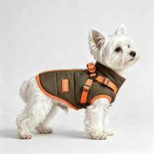 Adjustable Cat & Dog Coat, Reflective Fleece Lining, With Leash Hole And Adjustable Buckle, Suitable For Small Dogs And Puppies, Keeps Pets Warm - Olive Green - View 2