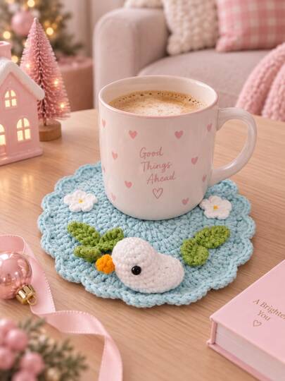 1pc 3D Duck Handmade Crochet Coaster With Flower Decoration, Wavy Edge Heat-Resistant Non-Slip Drink Mat, Cute Floral Coffee Tea Cup Coaster, Aesthetic Autumn Home Kitchen Dining Table Decor, Christmas Thanksgiving Holiday Gift And Daily Use, Room Decoration