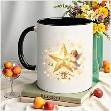 Christmas Cartoon Husky Mug, Christmas Hat Scarf Puppy Christmas Tree Gift Snowflake Star Print Black Interior Color Block Ceramic Coffee Cup Holiday Gift Water Cup - Multicolor - View 12