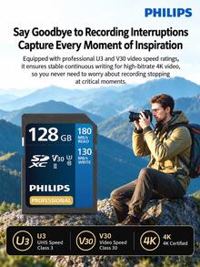 PHILIPS 64GB/128GB/256GB 4K High-Speed Blue Card V30 SD Memory Card U3 C10 Camera Storage Card Read Speed 180MB/S Write Speed 130MB/S DSLR Mirrorless Camera High-Speed Storage Card - View 8