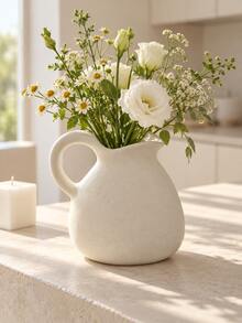 1pc Cream White Ceramic Water Pitcher Vase, Rough Textured Pottery Flower Pot With Handle And Wavy Spout, Rustic Modern Home Decor, Suitable For Living Room, Entryway, Shelf, Mantel, Coffee Table, Dining Table Centerpiece, Housewarming Gift - Short and Stout Water Bottle Vase - View 5