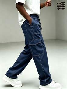 mulinsen Mulin Sen Men's Black Cargo Pants, Loose Straight Leg, White Contrast Stitching, Multi-Pocket, Drawstring Waist, Casual Long Pants - Blue - View 5