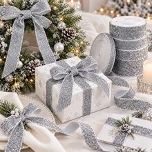 5 Yards Silver Glitter Ribbon, 3.8cm Christmas Sequin Glitter Satin Ribbon, DIY Bow Handmade Supplies, Holiday Gift Box Packaging, Christmas Tree Decoration, Tableware Napkin Tie, Greeting Card Decoration, With Subtle Glitter, Winter Christmas Party Atmosphere Handmade Decorative Ribbon - Silver - View 7